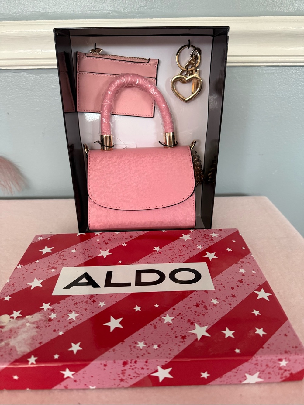 ALDO Pink Mini Top-Handle Bag with Gold Heart Keyring - Picture 3 of 11